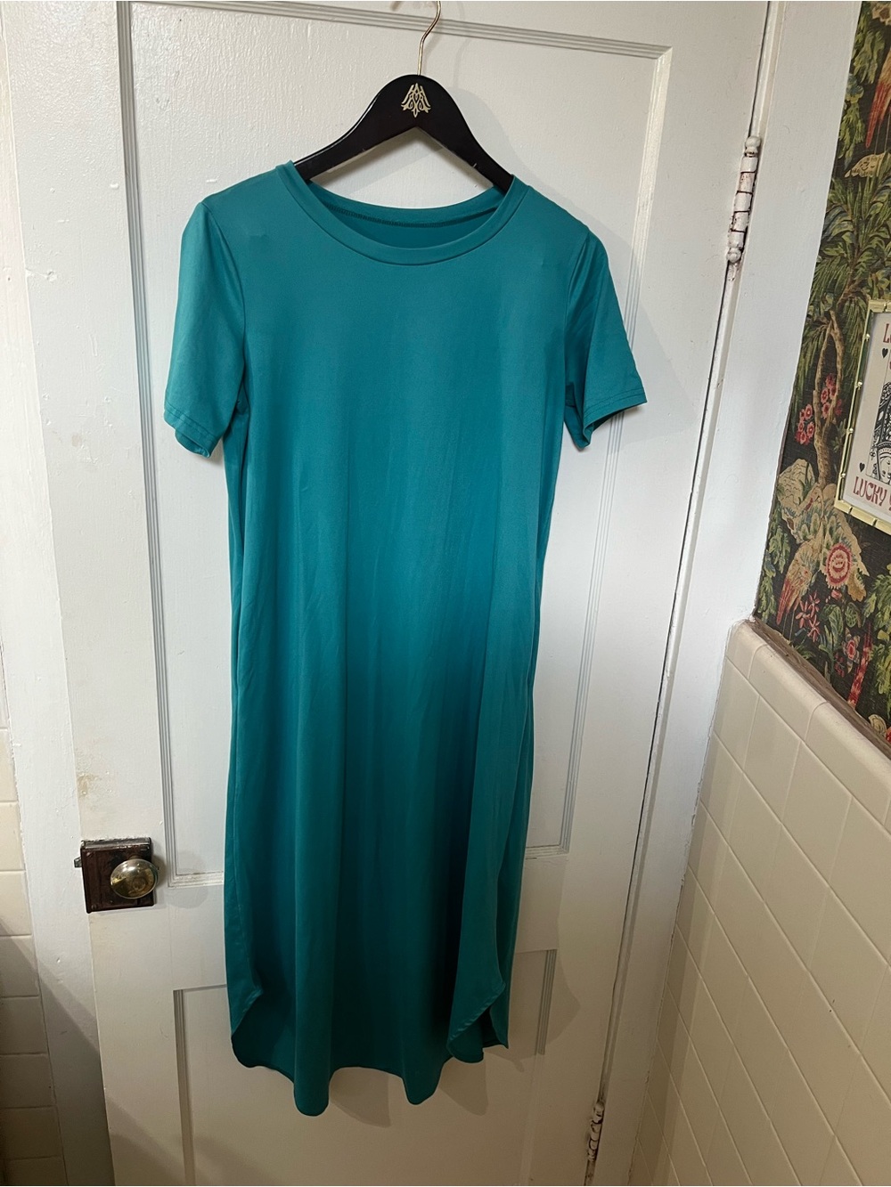 SHEIN Teal Short Sleeve T-Shirt Maxi Dress Curved Hem Pockets Medium EUC